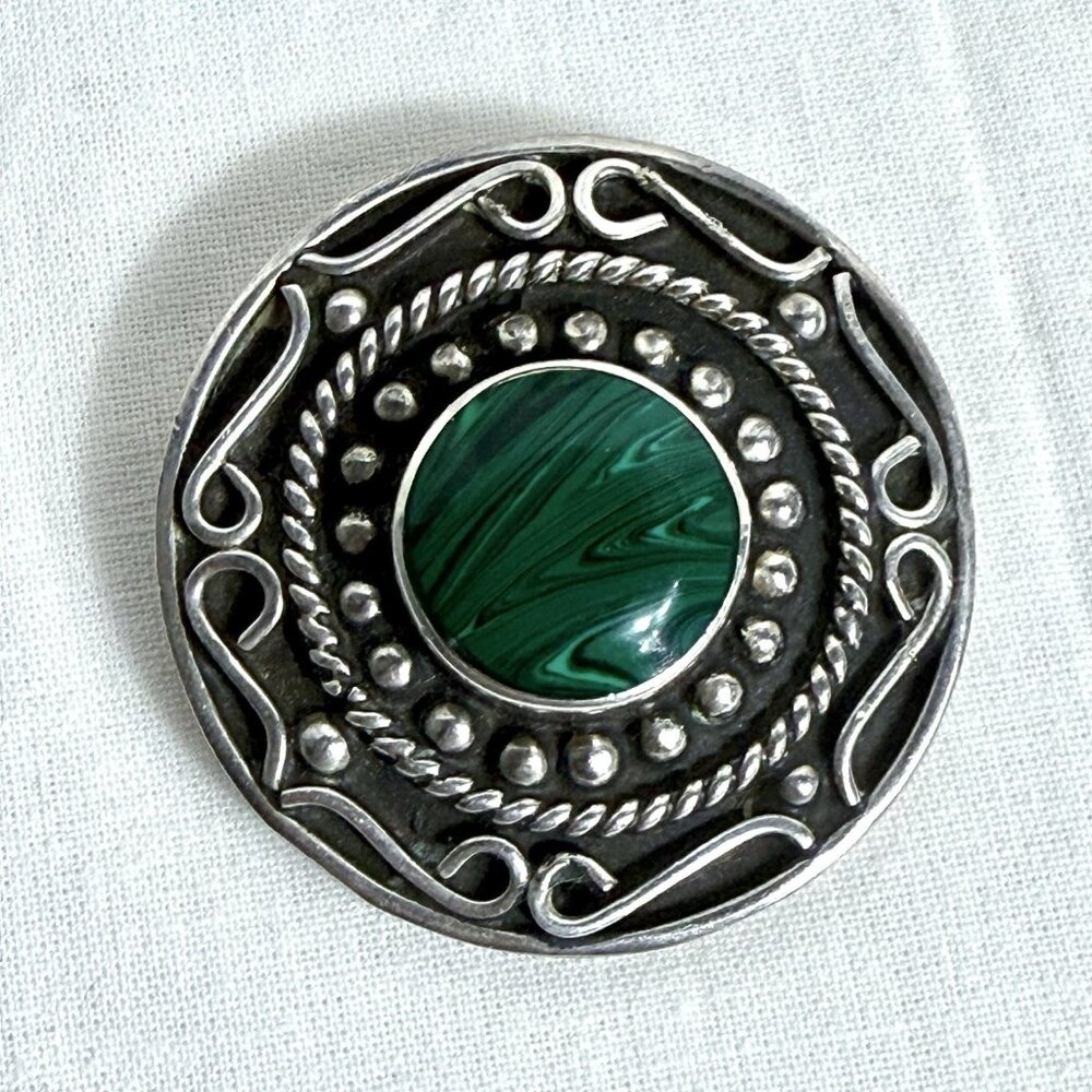 Malachite Mexico Silver Vintage Brooch Signed Tl-92 48$